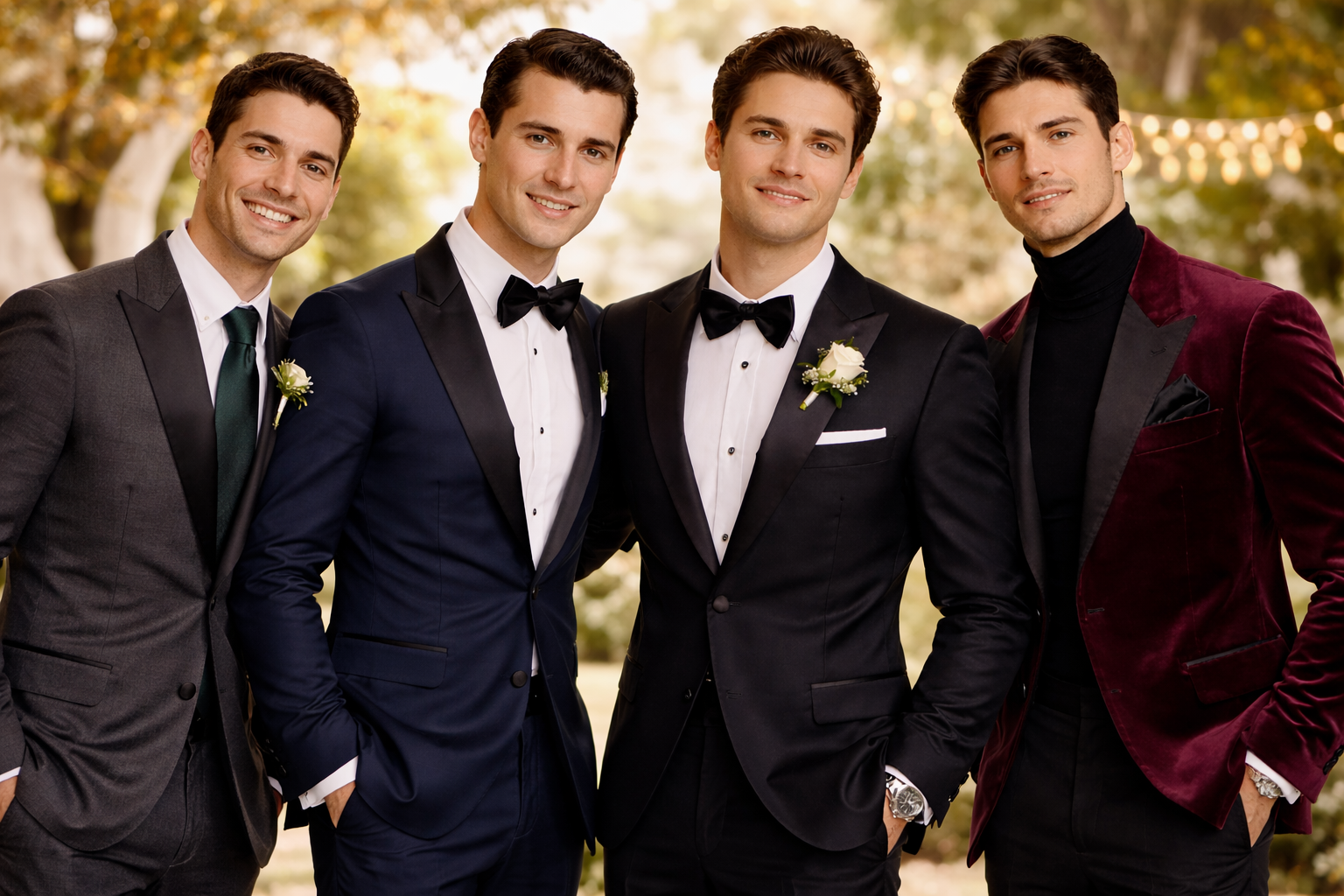 Groom and groomsmen in coordinated wedding tuxedo styles—black tux, navy tux, charcoal suit, and burgundy velvet jacket—outdoor photo in Traverse City.