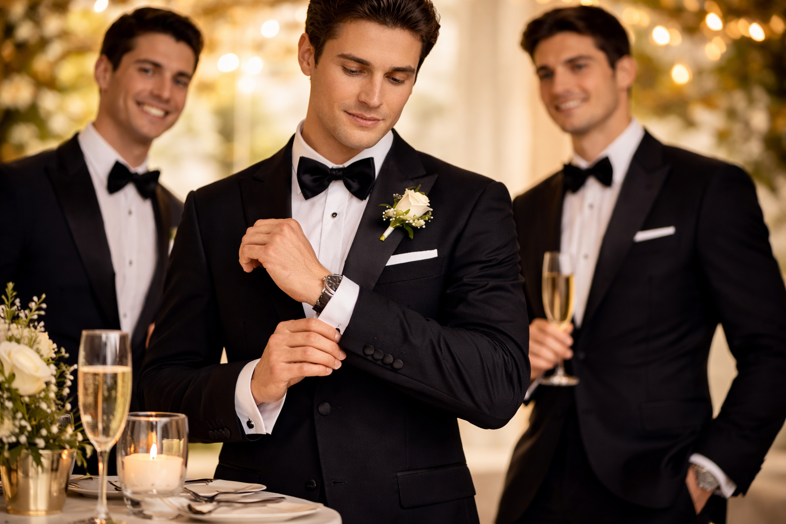 Men in black-tie tuxedos at a formal event, featuring bow ties, pocket squares, and boutonnieres—black tie etiquette in Traverse City.