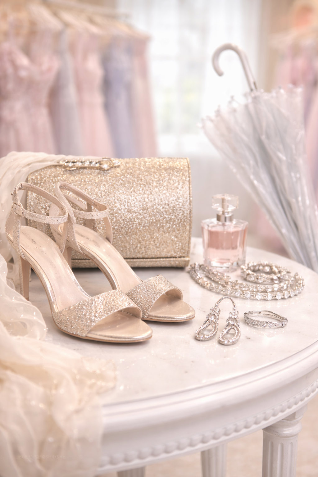 Champagne glitter prom heels with matching clutch, rhinestone jewelry, perfume, and a clear umbrella on a boutique table in Traverse City.